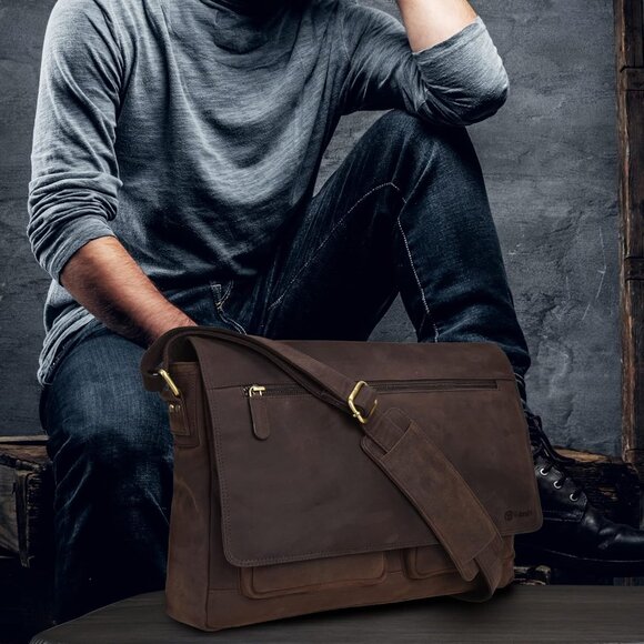 Real Genuine Leather 14" Laptop Messenger Bag/Briefcase For Men & Women - Picture 7 of 7